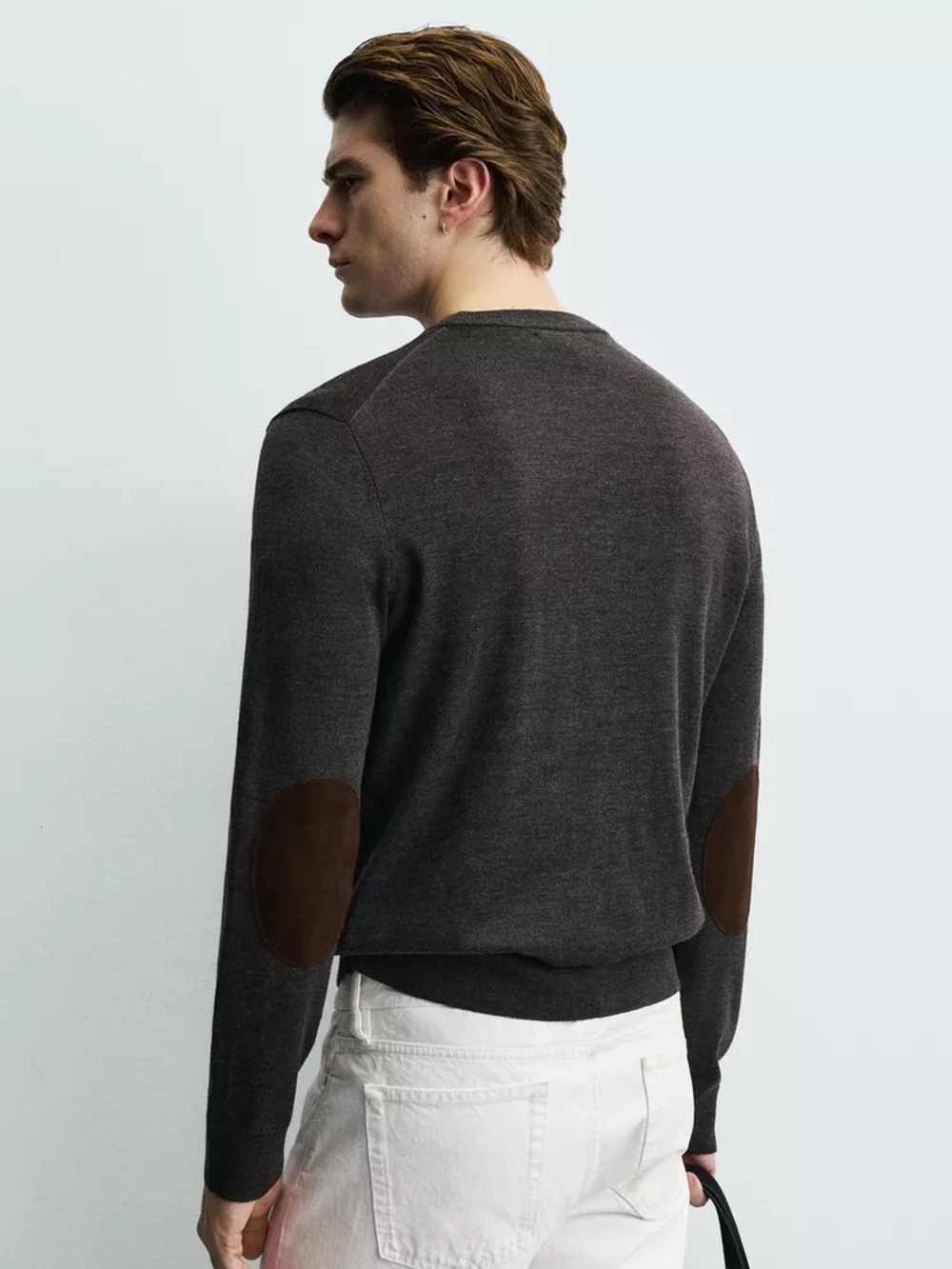 NWT Zara 100% WOOL JUMPER Men's  XL Charcoal Grey Crewneck Sweater Elbow Patches